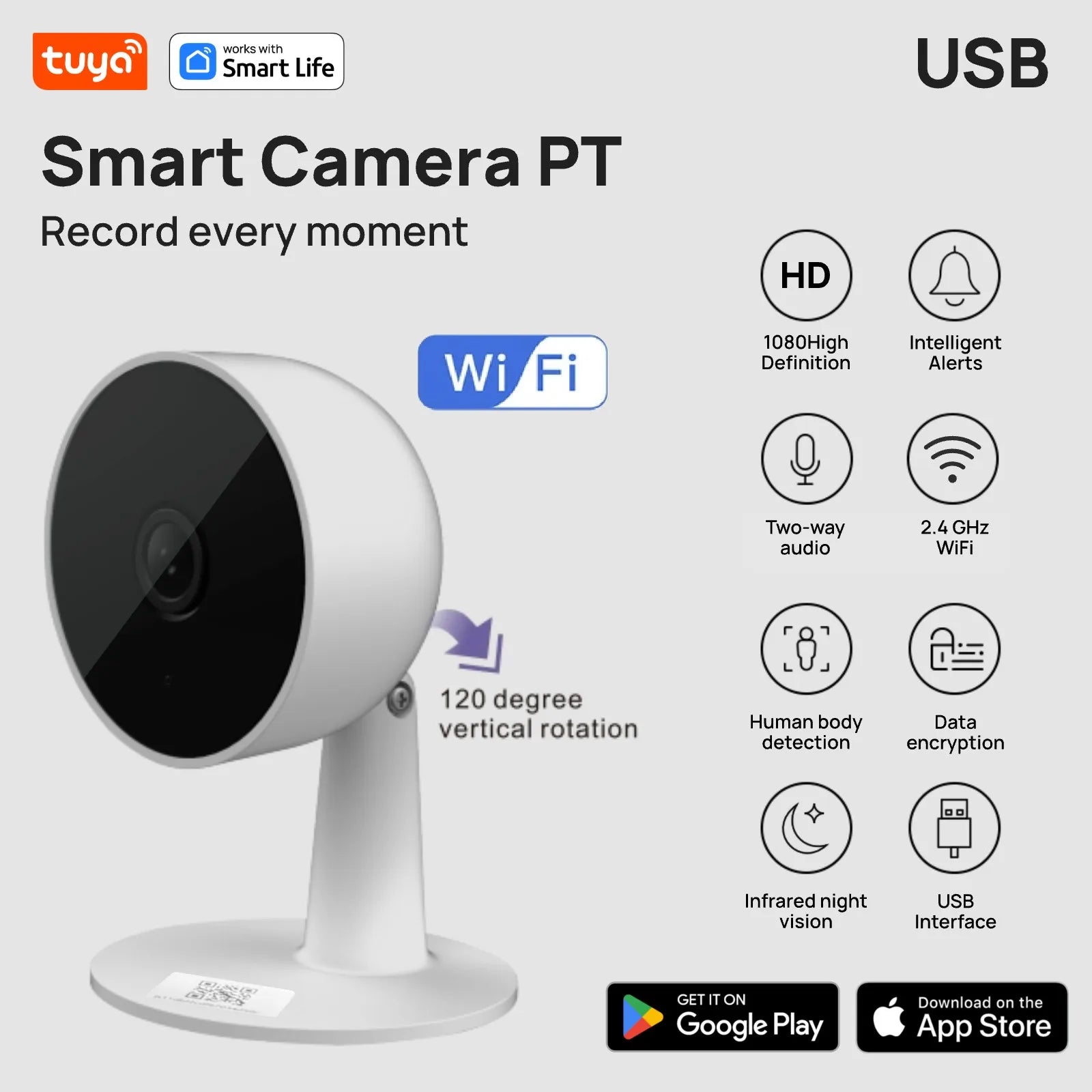 Tuya Smart 1080p Wi-Fi Smart Home Security Camera 2MP, HD,Real-time APP Alerts, 2-Way Audio, with Motion Tracking for Baby & Pet 