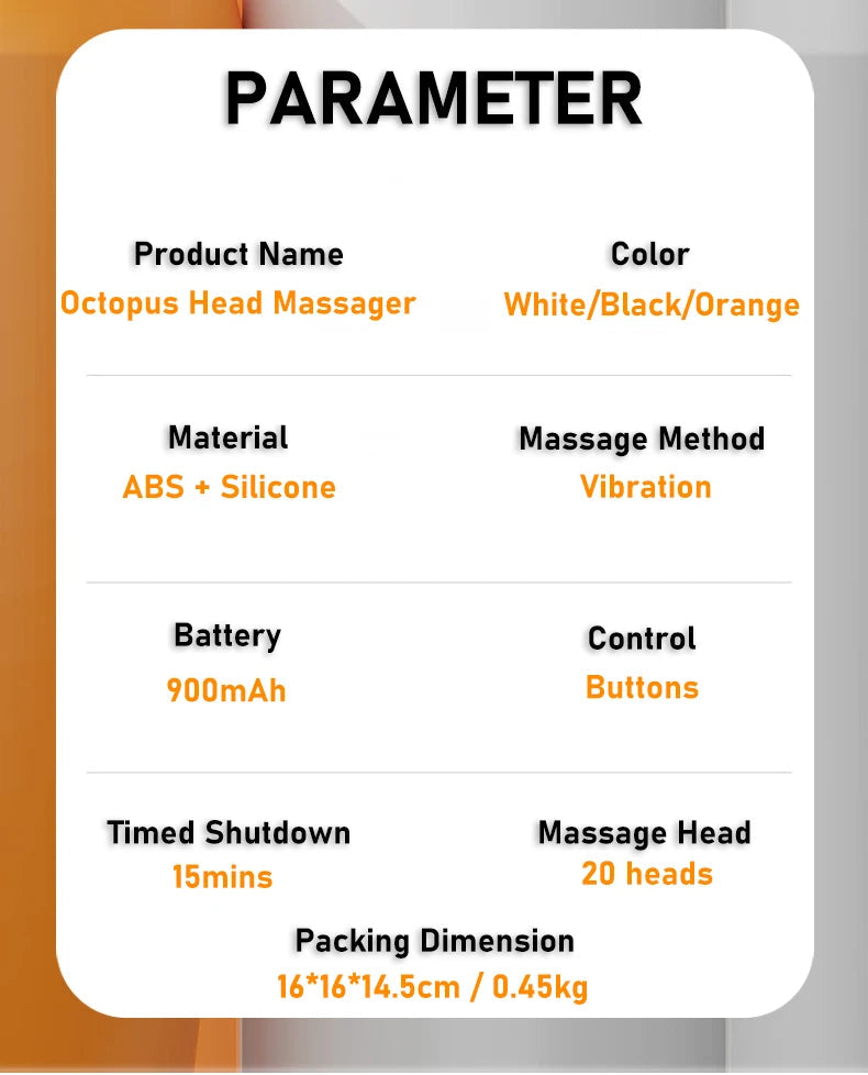 20Massage Heads Orange Scalp Head Massager Red Light Vibrator Octopus Scratcher For Relaxation Stress Migraine 