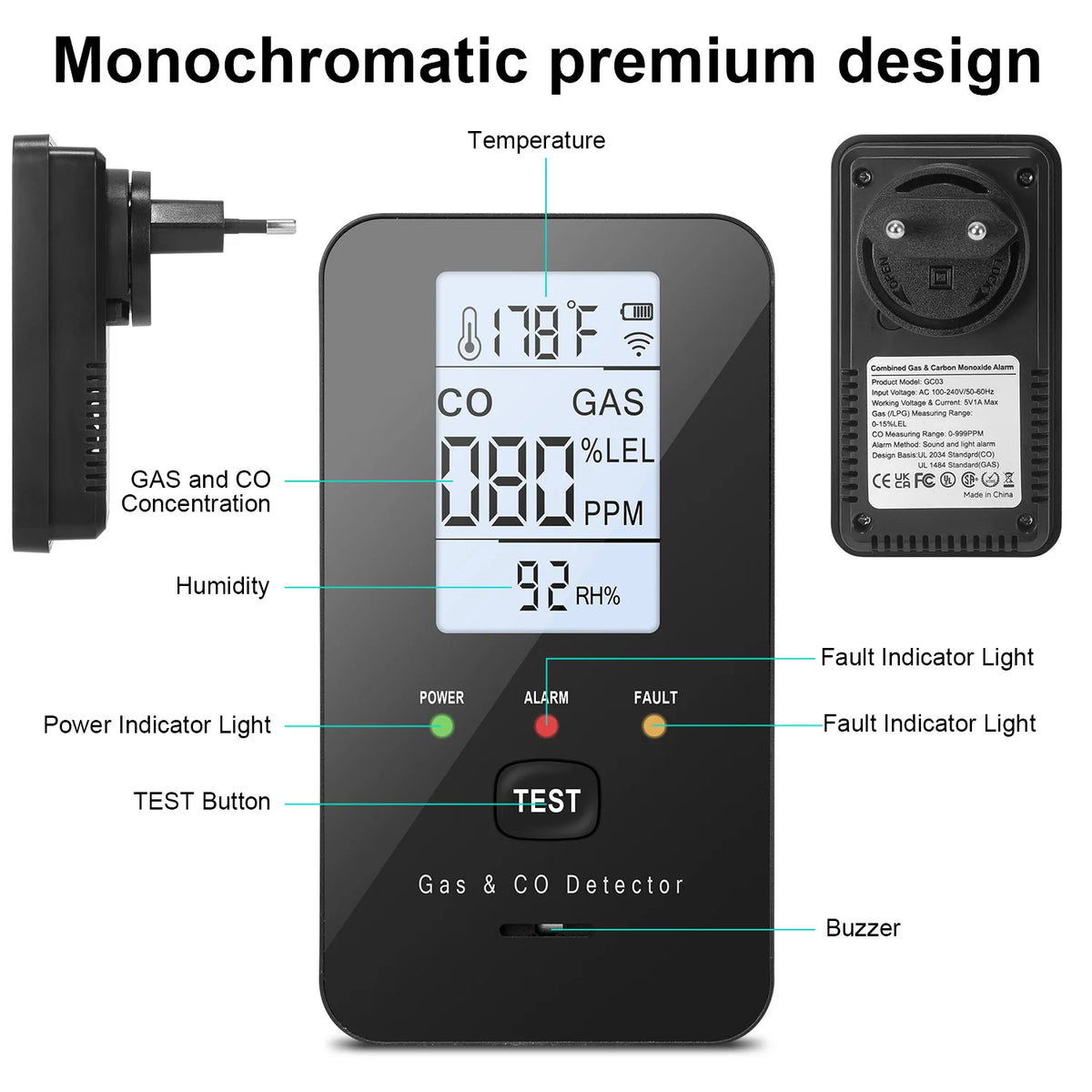 Detector de scurgeri de gaz natural și detectoare de monoxid de carbon, cu detector de gaz natural, propan, CO și scurgeri de gaz, detector de temperatură
