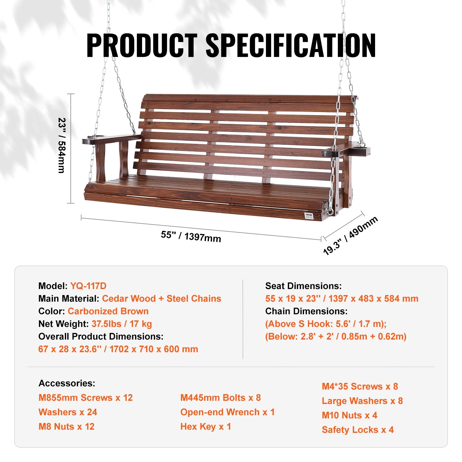 SucceBuy Wooden Porch Swing 5 ft Patio bench swing for Courtyard Garden Upgraded 880 lbs Strong Load Capacity Swing Chair Bench