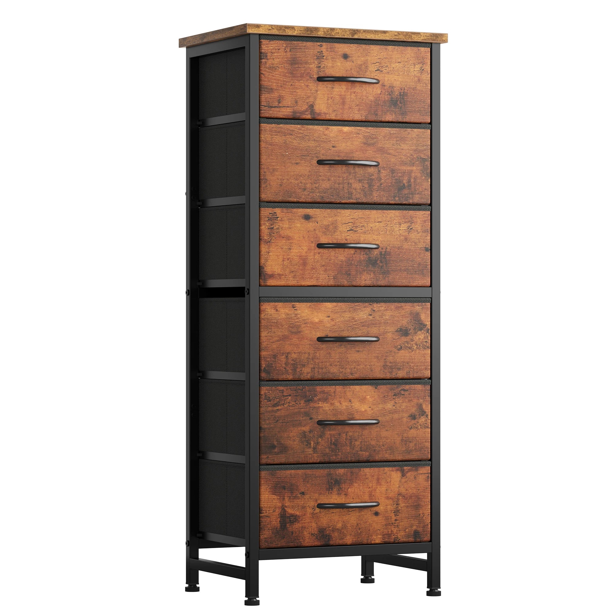 Commode JHK Tall 6 tiroirs en tissu pour chambre, dessus en bois et cadre en métal, commode étroite à tiroirs, tour de rangement étroite avec mobilier d'organisation