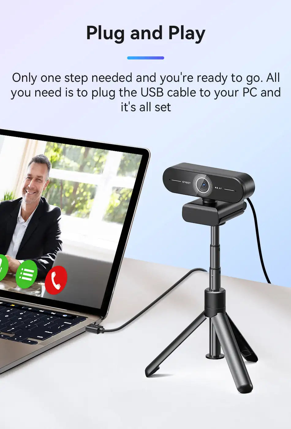 4K USB Webcam with Autofocus, Dual Microphones & Privacy Cover