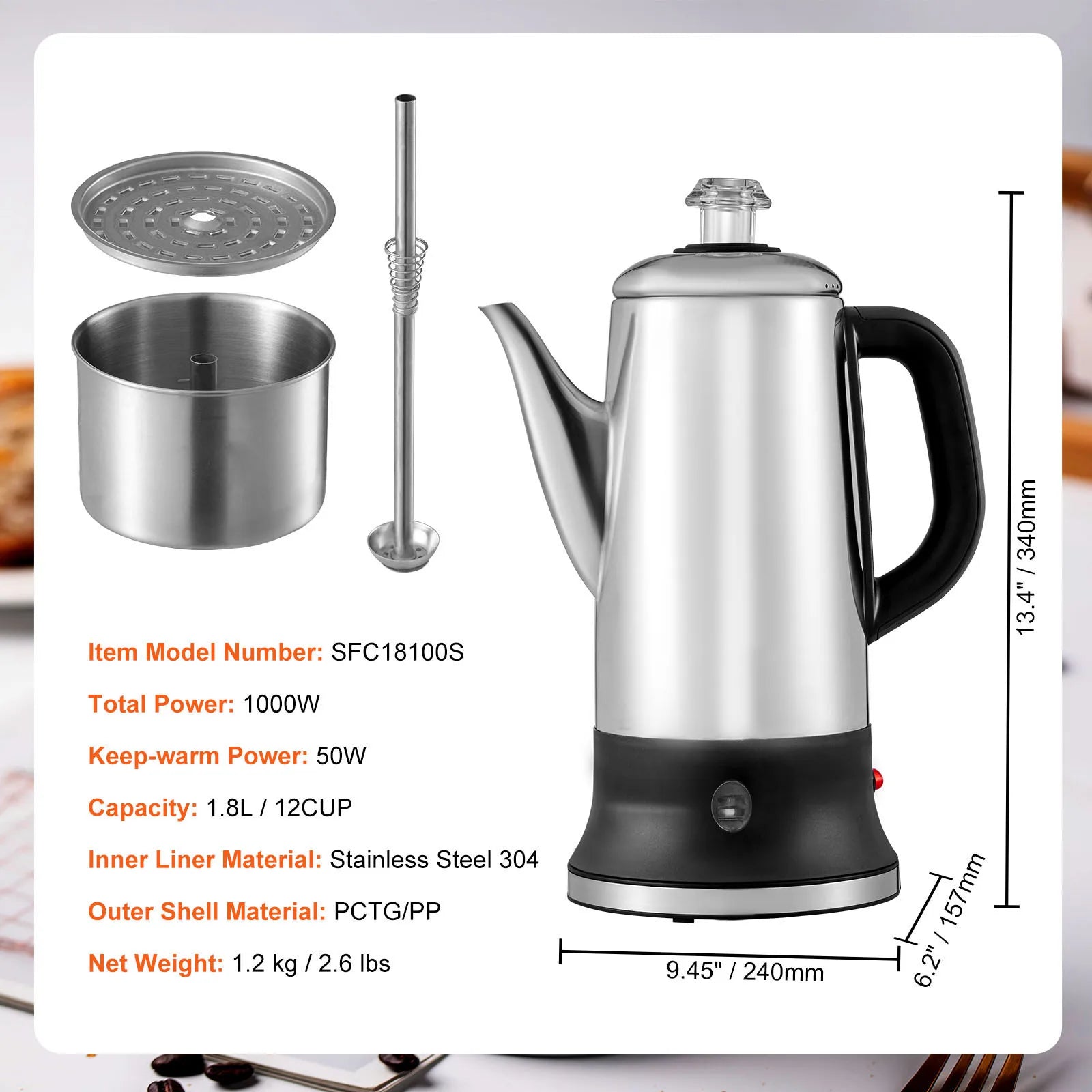12-kops elektrisk kaffeperkolator 1,8L rustfrit stål med varmefunktion