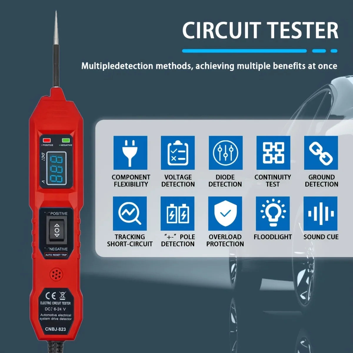 Smart Car Circuit Tester 823, s LED zobrazením napätia - napájanie USB, kompatibilné s vozidlami 3,5–36 V DC