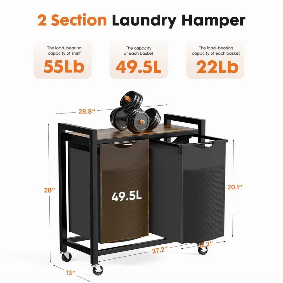 2-Section Laundry Hamper with Removable Bags and Rolling Shelf