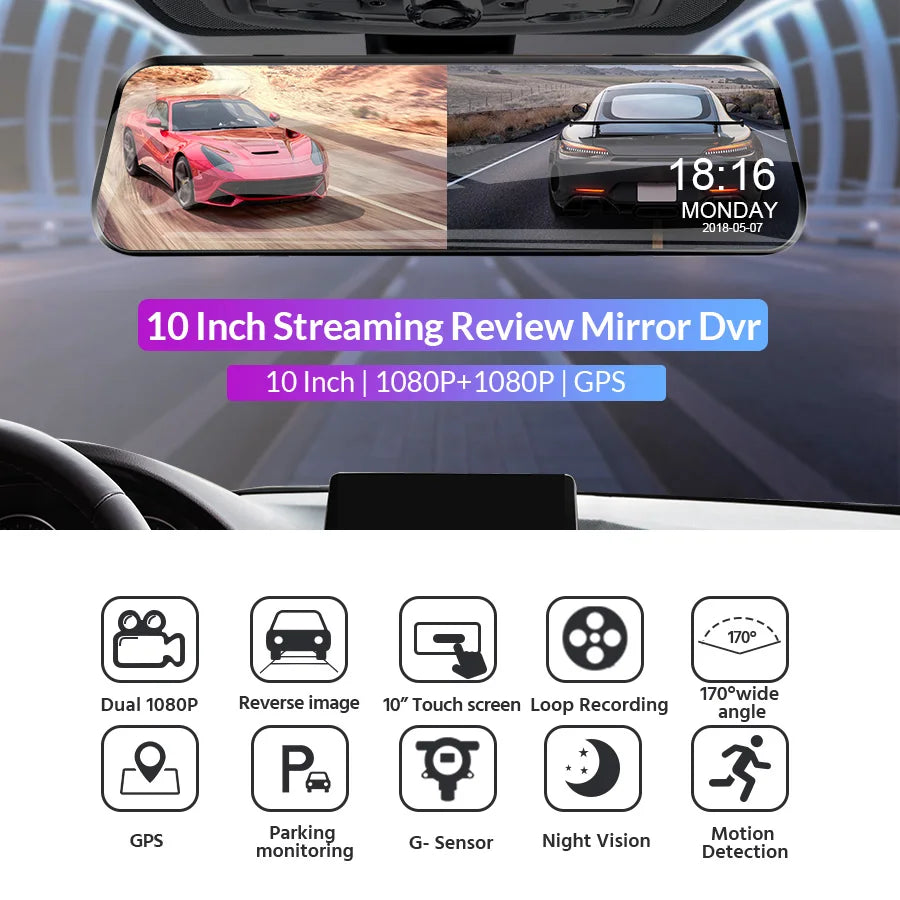 10 Inch Car DVR Car Touch Screen video Recorder Dual 1080P Rearview Mirror Front and Rear HD Night Vision Camera Mirror 