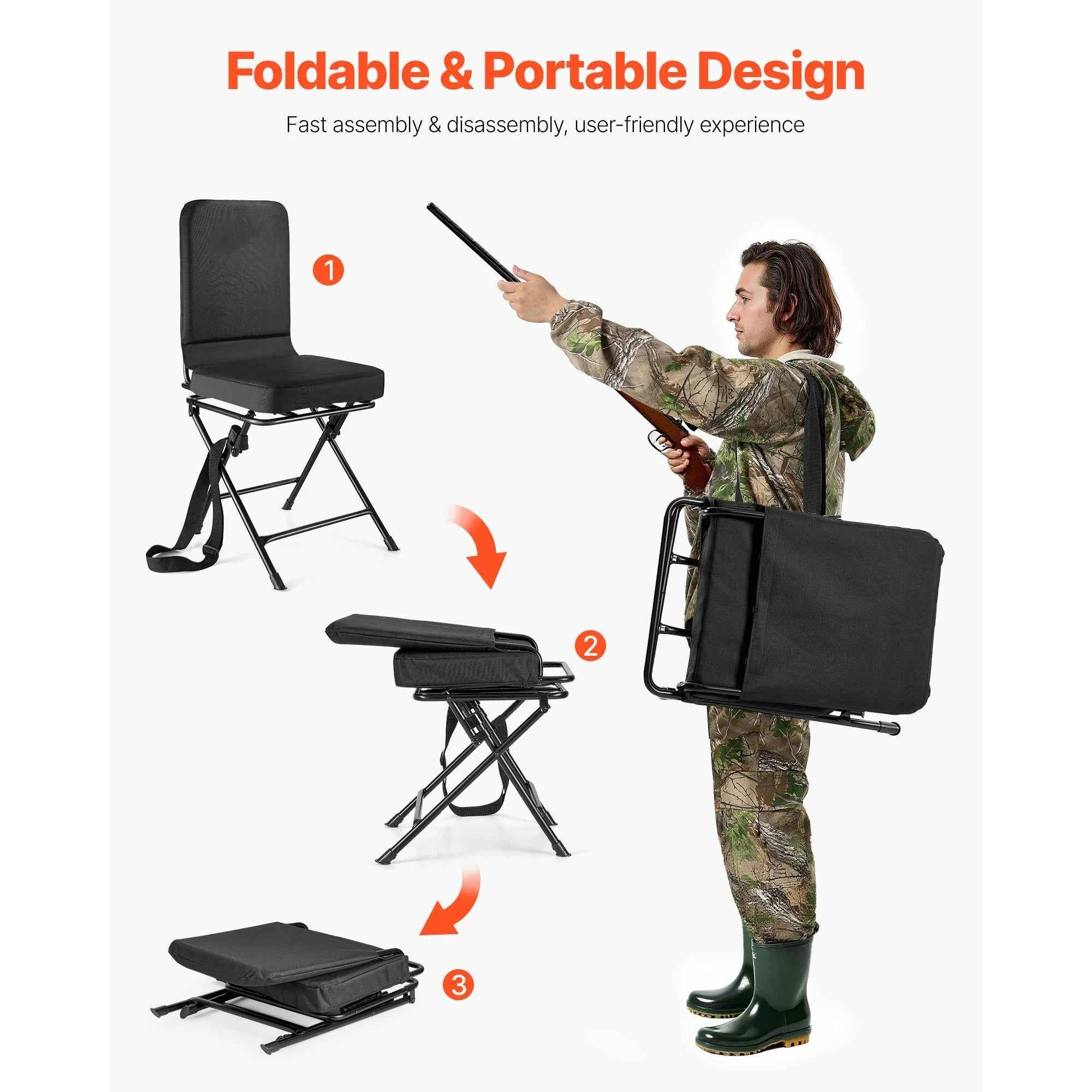 VEVOR Hunting Chair 360° Silent Swivel Foldable Lightweight Portable Blind Chair with Adjustable Shoulder Straps for Fishing