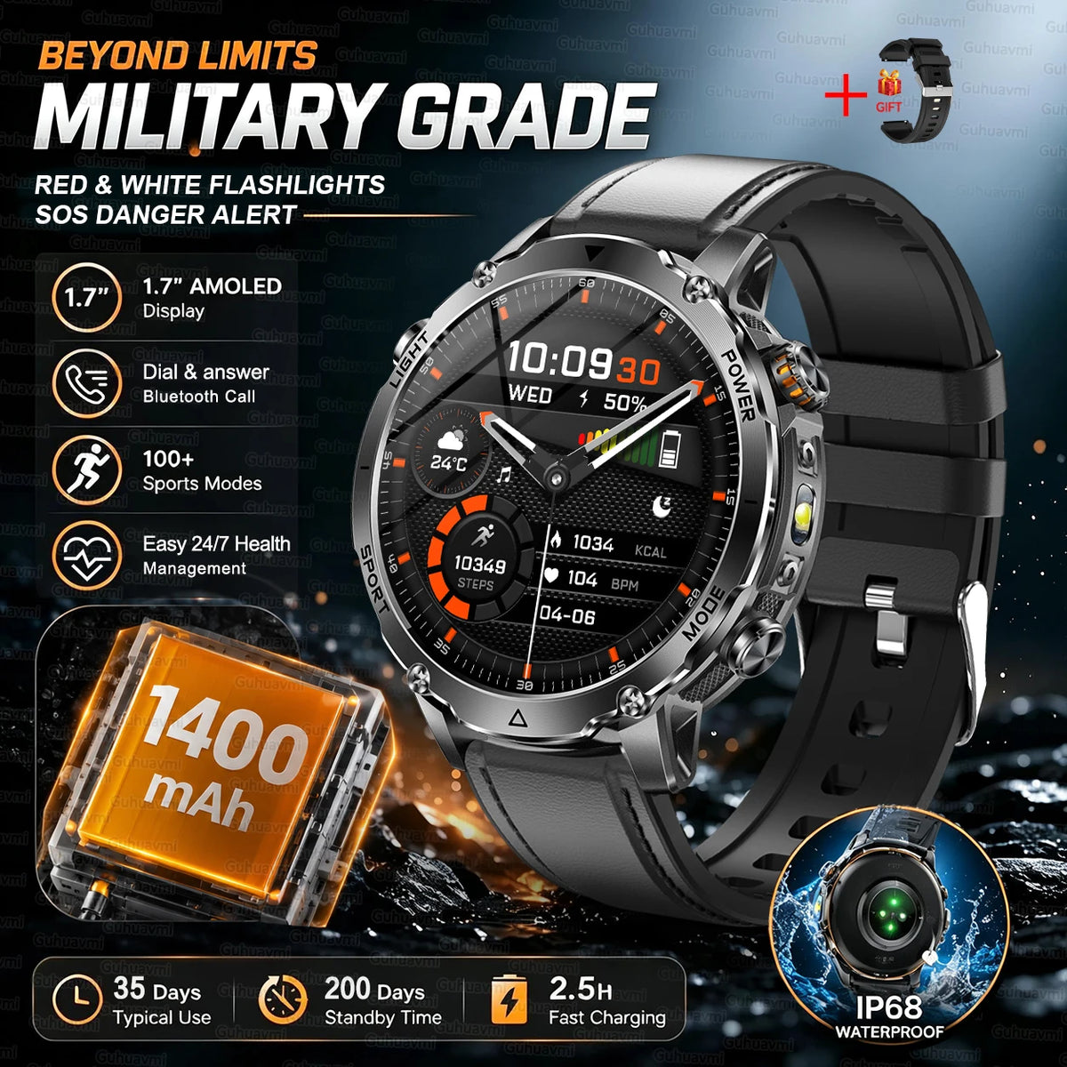 Outdoor Bluetooth Anruf-Smartwatch mit LED-Taschenlampe