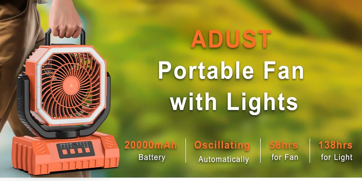 20000mAh Rechargeable Camping Fan with Auto Oscillation, Remote, Timer and LED Lantern