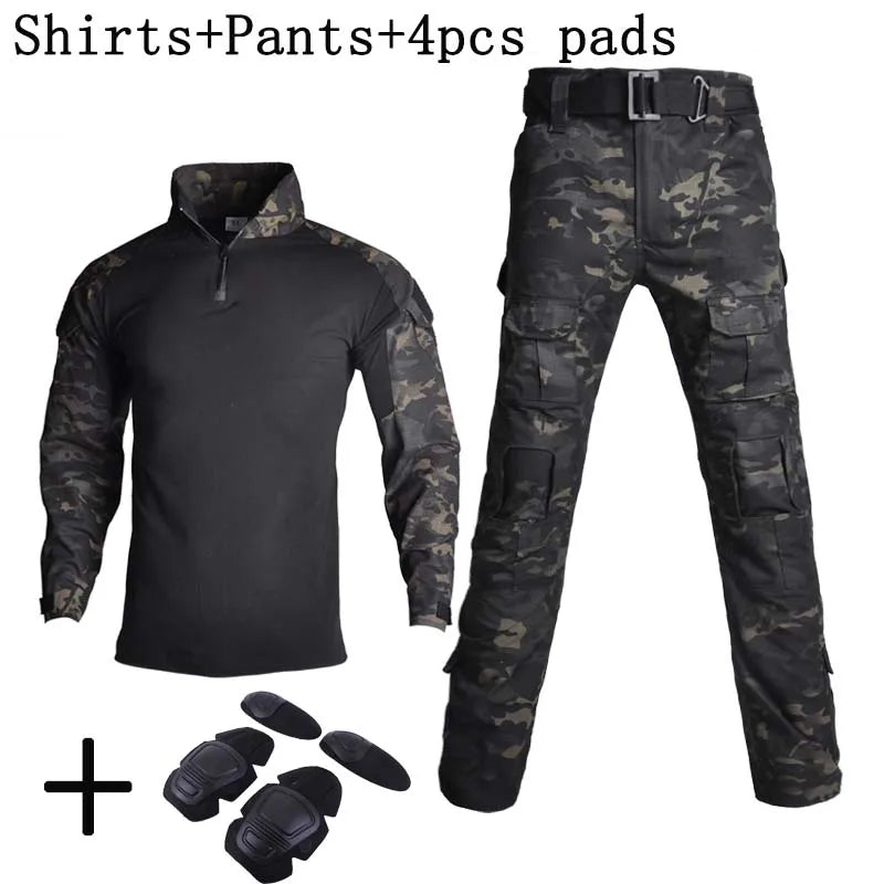 Black Camo Training Sets 1/4 Zipper Combat Tops Tactical Suits Hiking Pants Men Durable Shirts Multiple Pockets Wear-resisting