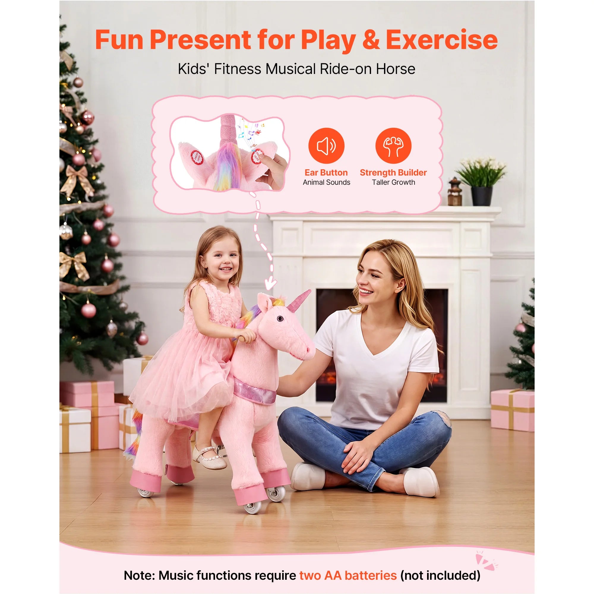 SucceBuy 110/176 lbs Kids Ride On Horse Riding Pink Unicorn Toys Smooth Wheels with Anti-Roll Stop Ring & Handles for Children