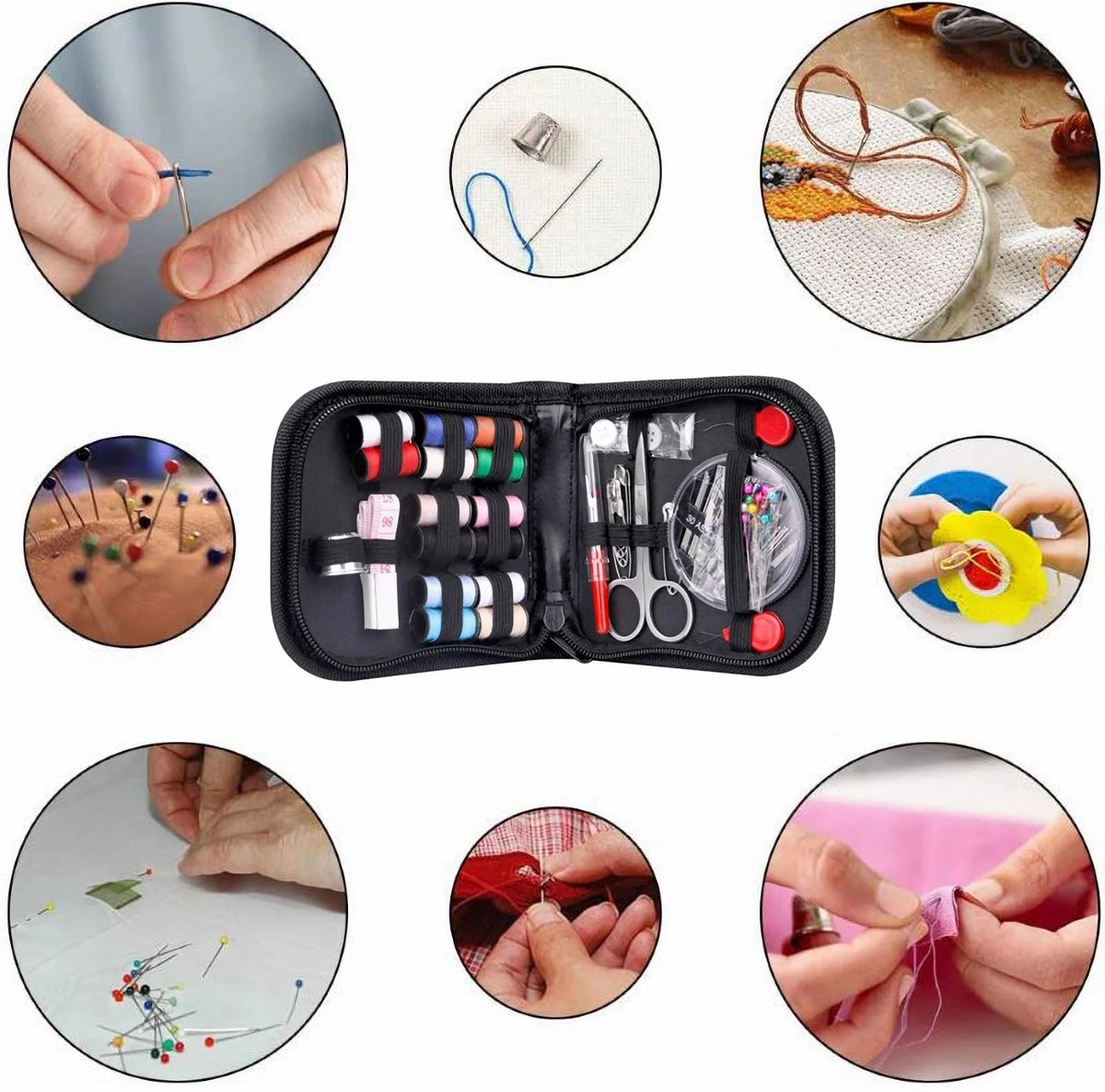 Kit de costura compacto y portátil para principiantes y profesionales, incluye agujas, hilo, tijeras y otros accesorios esenciales