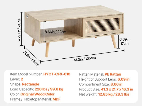 Rattan Coffee Table with Storage Shelf Boho Rectangle 42–47in