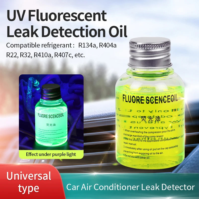 Bilens luftkondition fluorescerande oljedoft UV-ljus läckage detektor spårare för R134a, R1234yf，R404a, R22, R32, R410a köldmedier