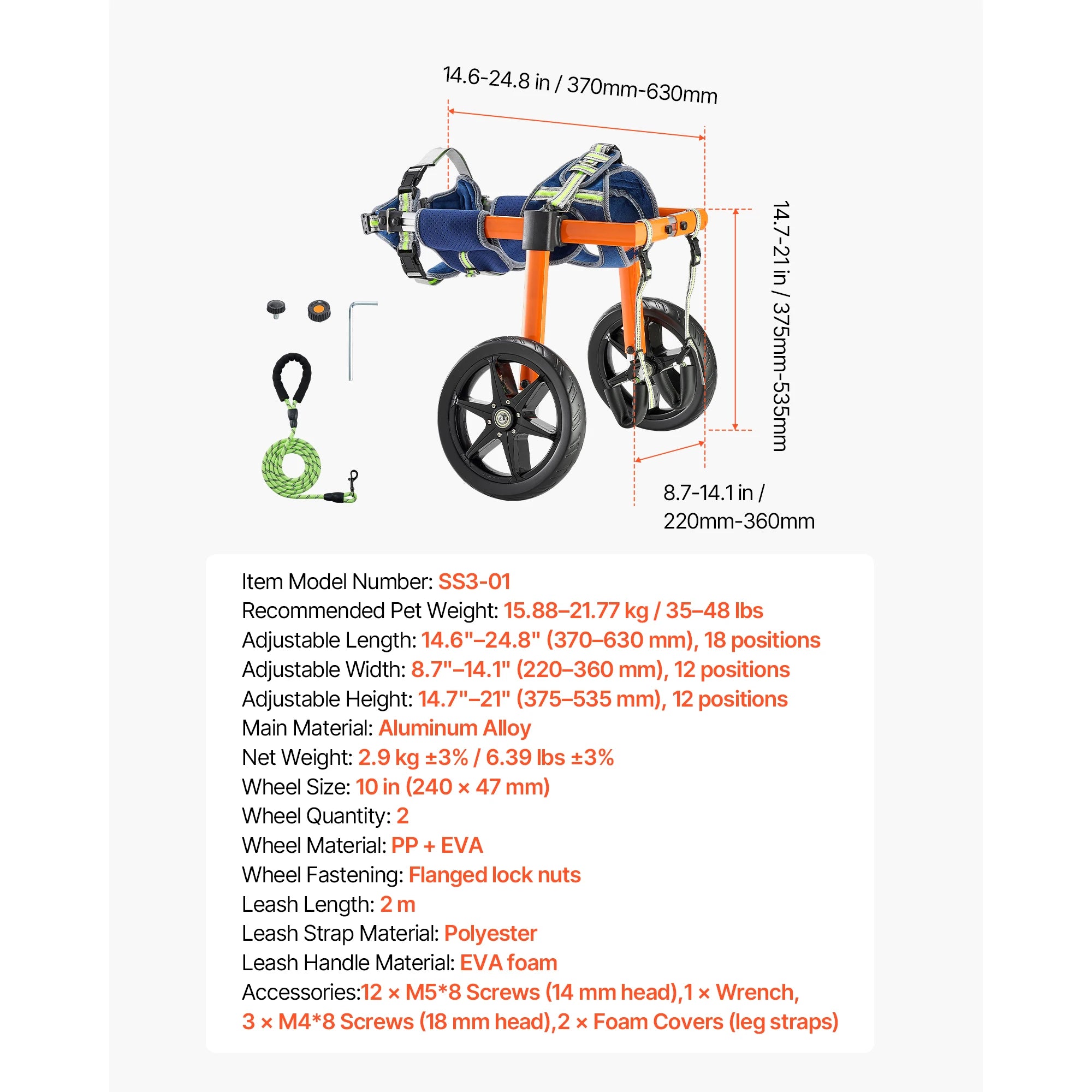 Dog Wheelchair for Back Legs, Lightweight 2-Wheel Adjustable Pet Wheelchair
