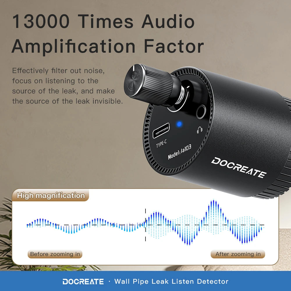 Docreate Mini Leak Detector Sound Amplifier For Home/13000X Audio Magnification/High Sensitivity Sensor/Rechargeable 200mAh