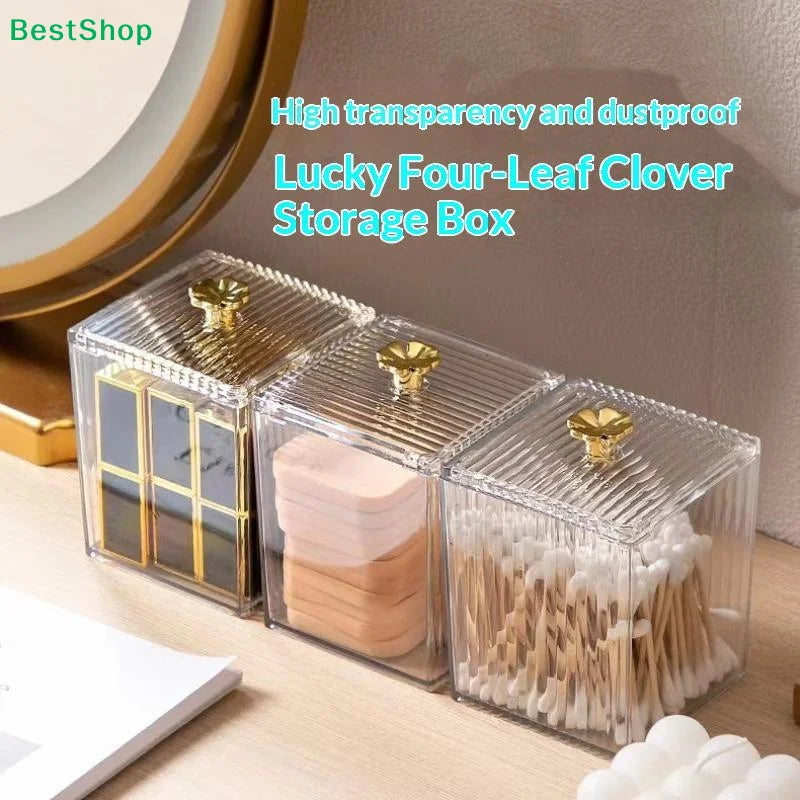 〔Q〕Desktop Plastic Organizer Clear With Gold Trim Dustproof Storage Box For Vanity Office Jewelry Makeup Holder