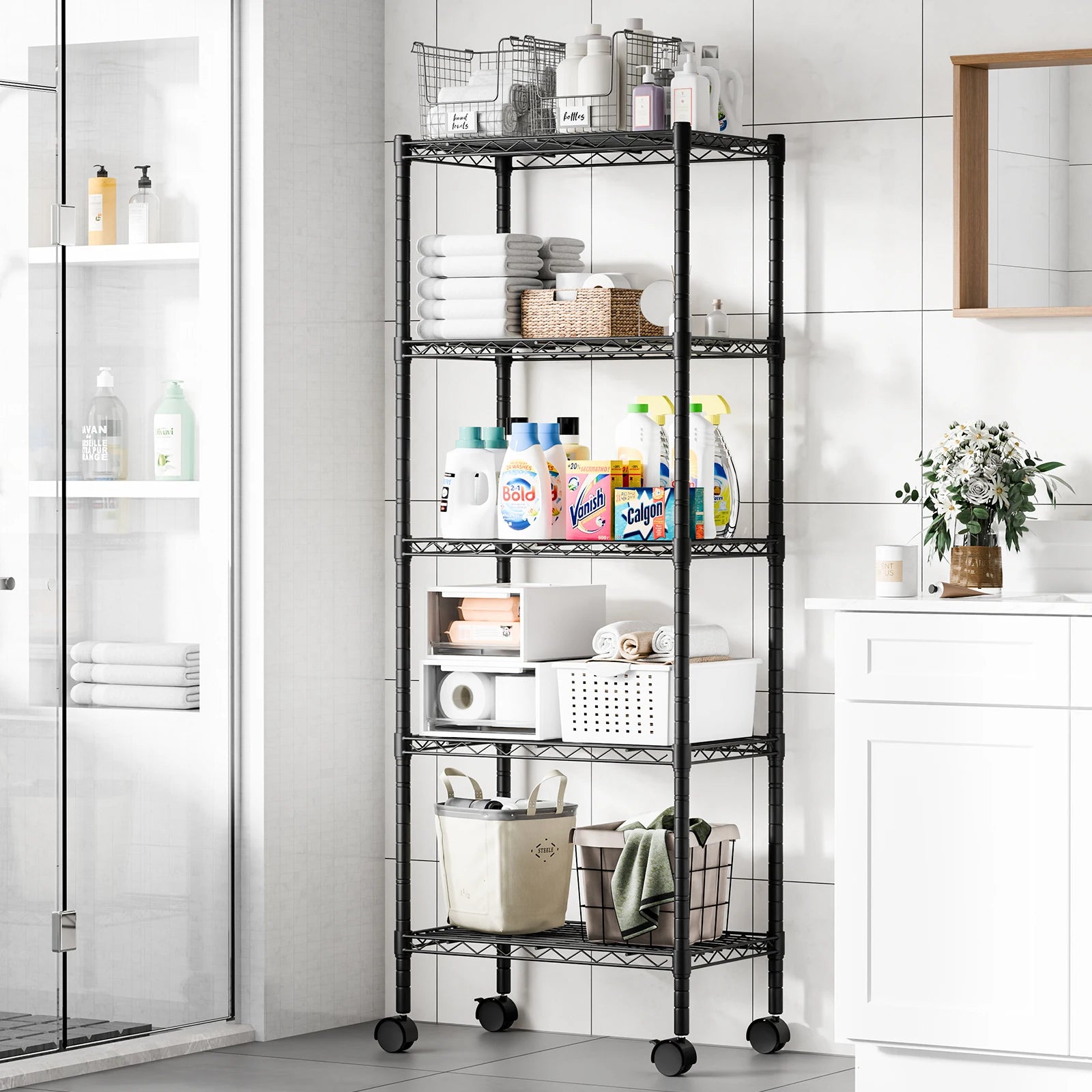 3–5 Tier Metal Grid Storage Shelf with Lockable Wheels