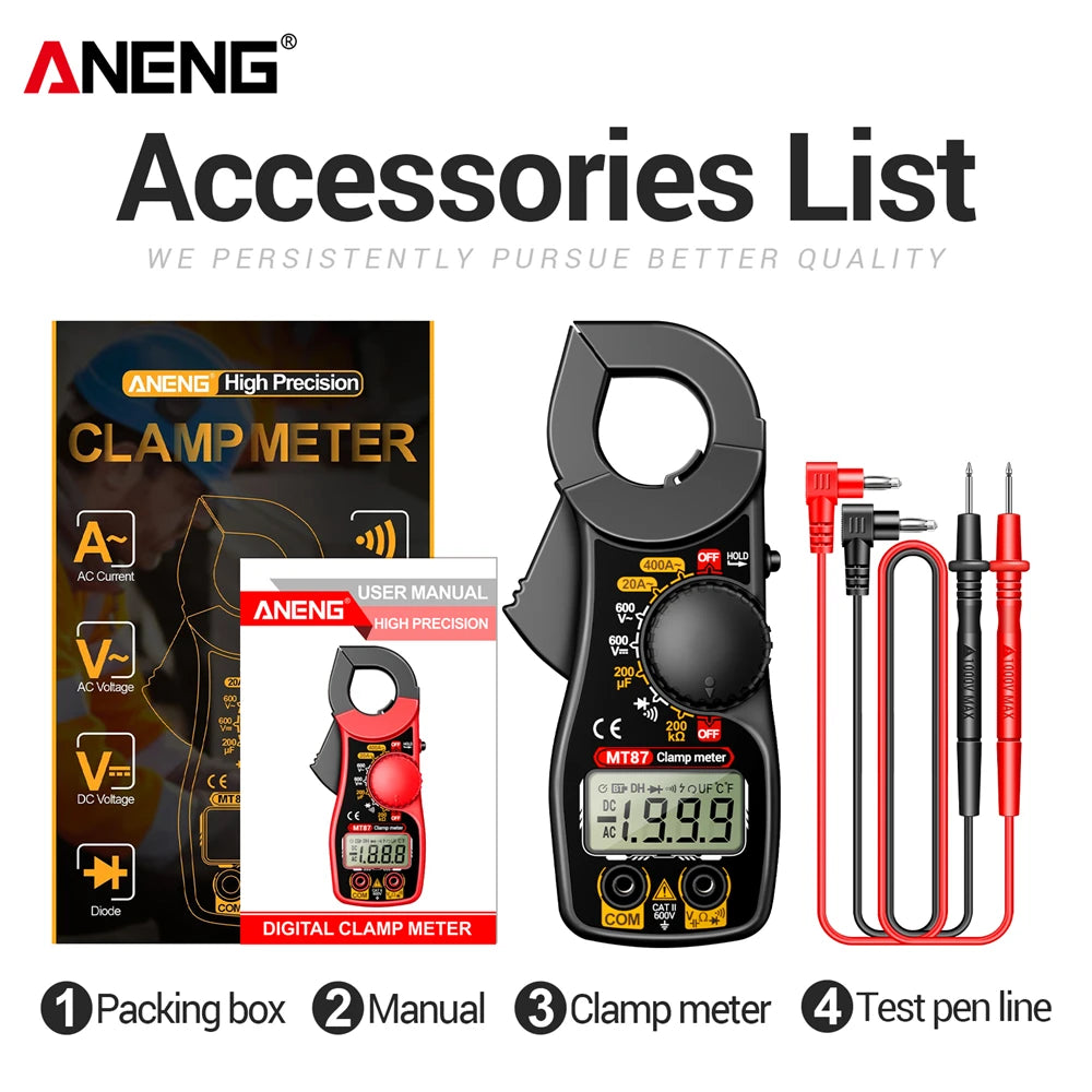 ANENG MT87 Clamp Meter, 400 A AC, 1999 Counts, NCV and Data Hold