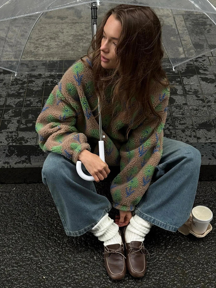 Damfleece med halv dragkedja, lös passform, jacquardtröja