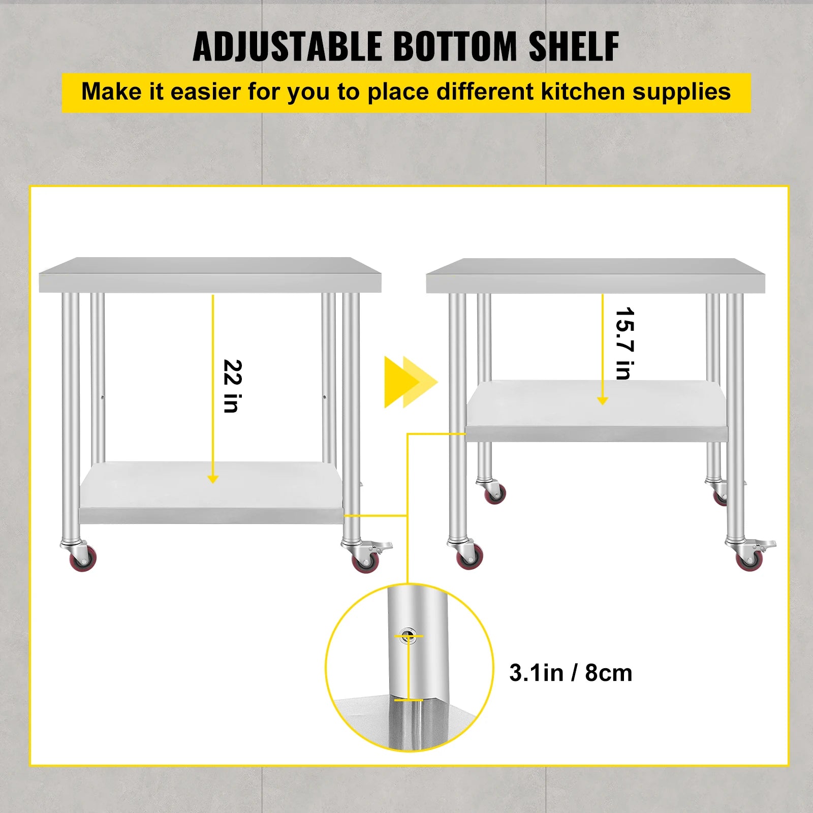 36 x 30 Inch Stainless Steel Work Table with Wheels