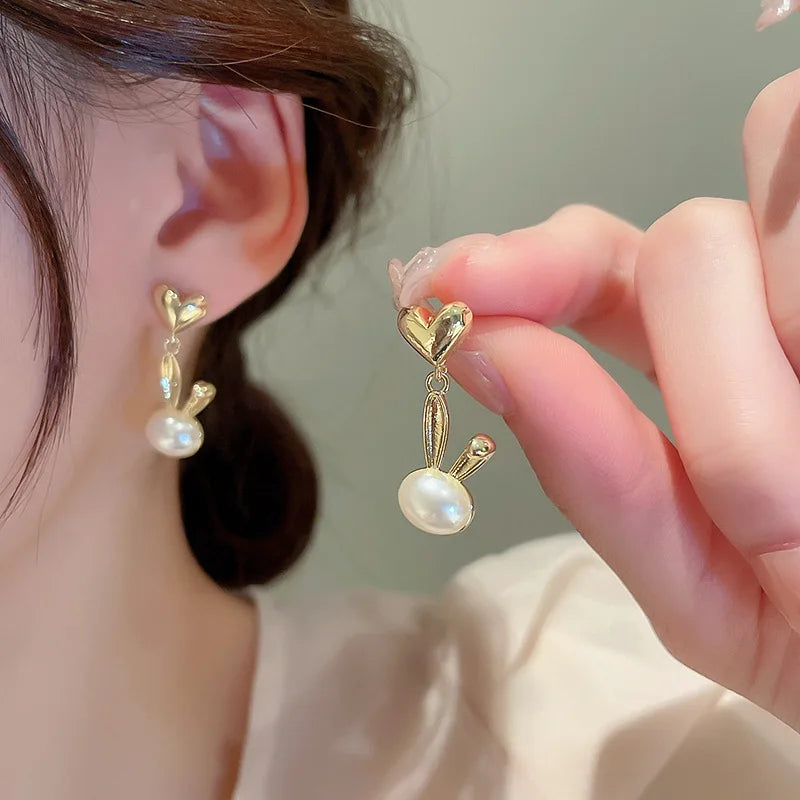 2022 New Trend Simulation Pearl Long Earrings Women's Flower Rhinestone Wedding Pendant Earrings Fashion Korean Jewelry Earrings 