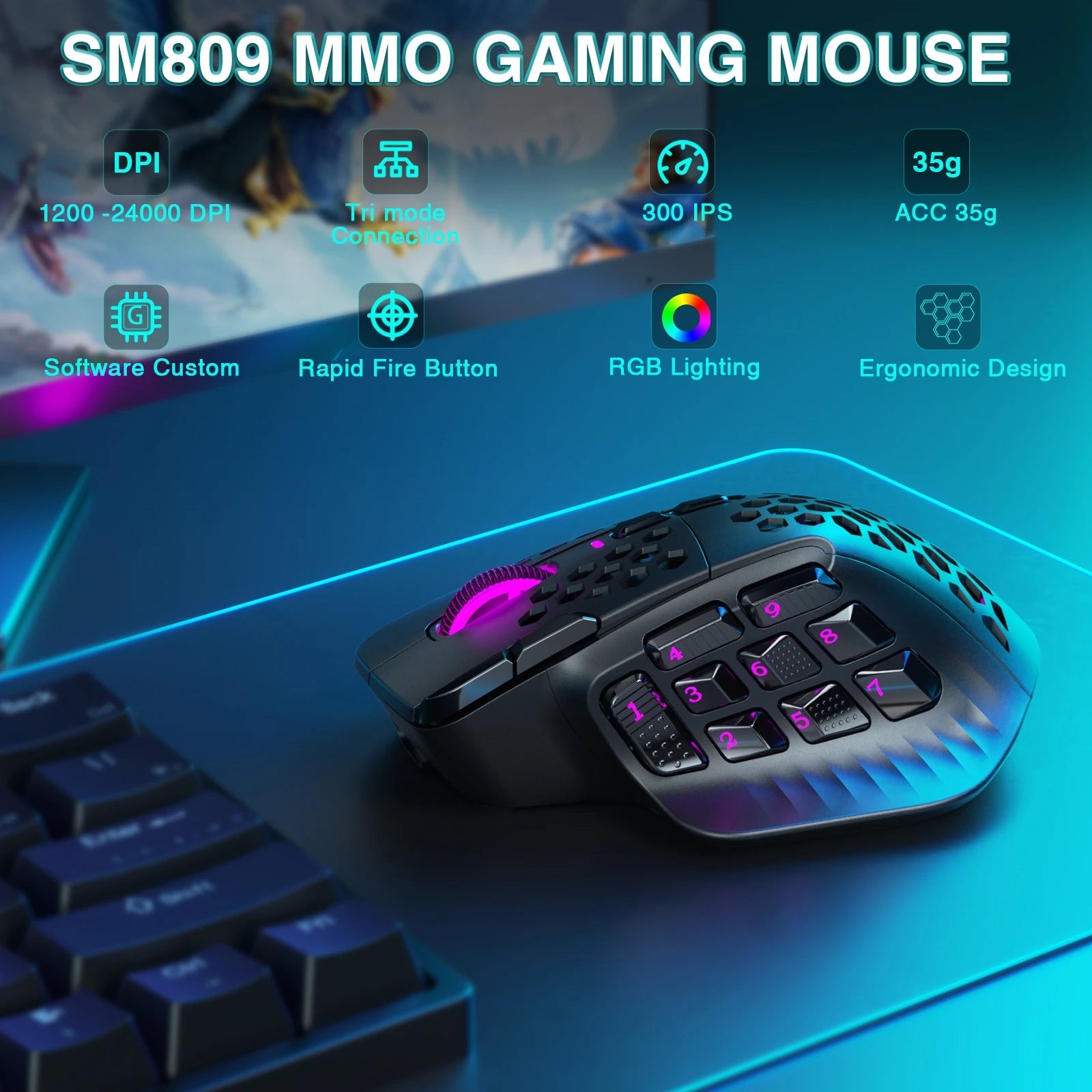 SOLAKAKA SM809 Pro Wireless MMO Gaming Mouse PAW3311 16 Side Buttons 24000 DPI RGB Honeycomb Programmable Macro Wireless mouse 