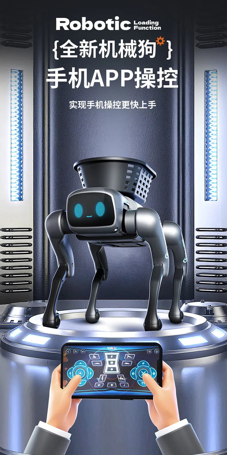 Chien robot intelligent AI télécommandé avec bac de chargement