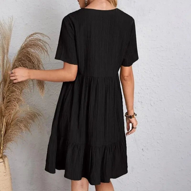 Women Summer Peplum Dresses Spring V-Neck Short Sleeve Loose Waist Ruffle Fit Flare Vocation Dresses 