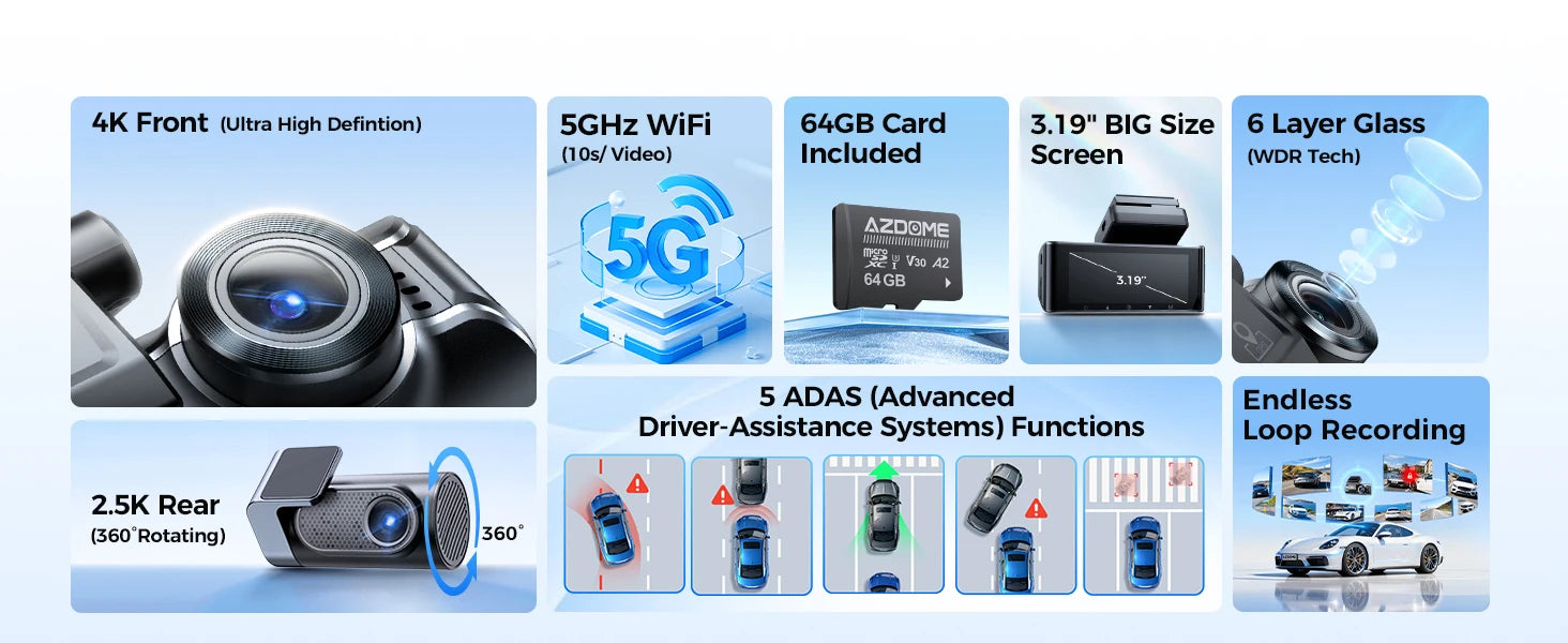 Двойна камера за кола отпред и отзад 4K 2.5K GPS Wi-Fi