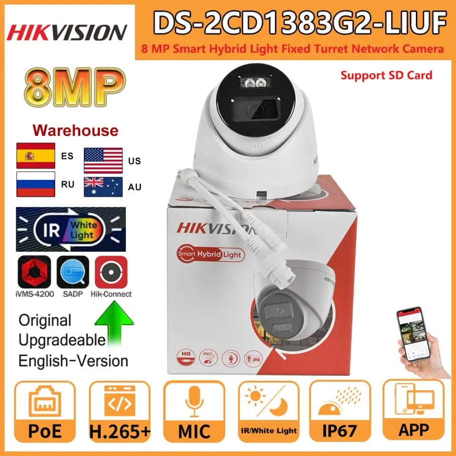 Hikvision 8MP IP Camera DS-2CD1383G2-LIUF Built-in Mic Dual-Light 4K Smart Hybrid Light With ColorVu Fixed Turret Network Camera 