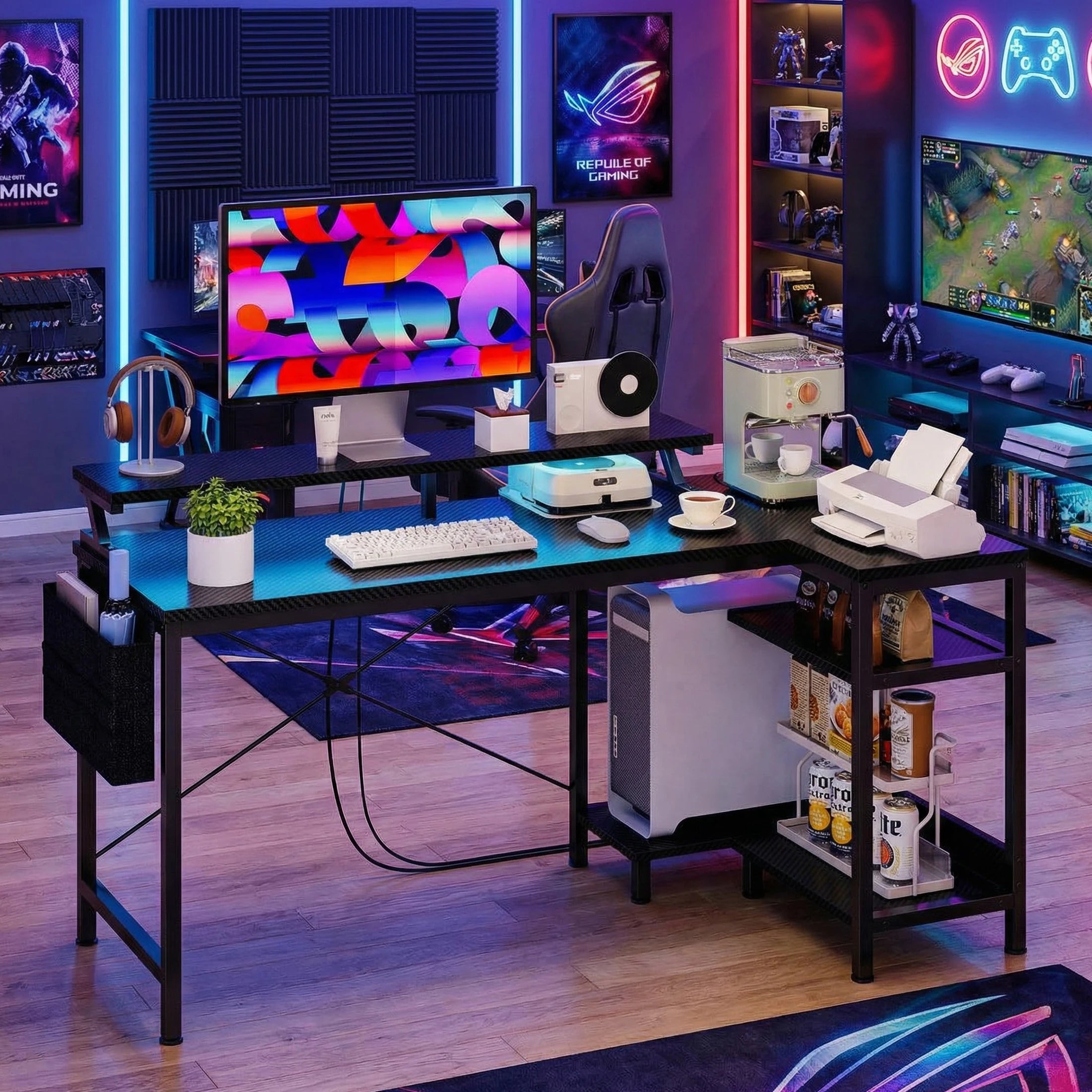 L-Shaped Gaming Desk with LED Lights & USB Ports (40–48 Inch)