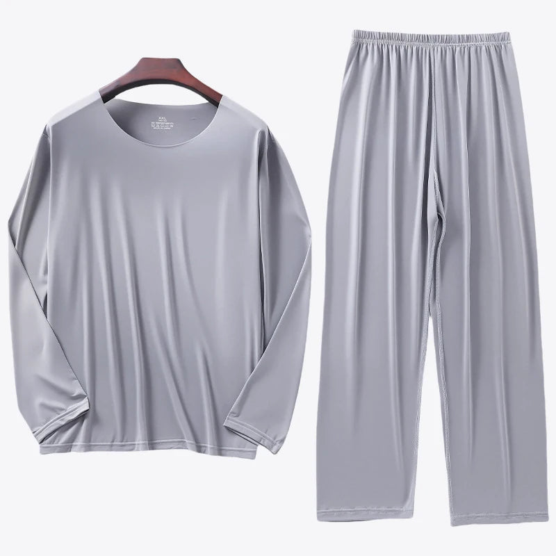 Men's Ice Silk Pyjama Set with Long Sleeve Top and Elastic Waist