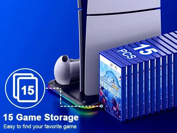 Slim Console Cooling Stand with RGB Light, Dual Controller Charger, 15 Game Slots and Headset Holder