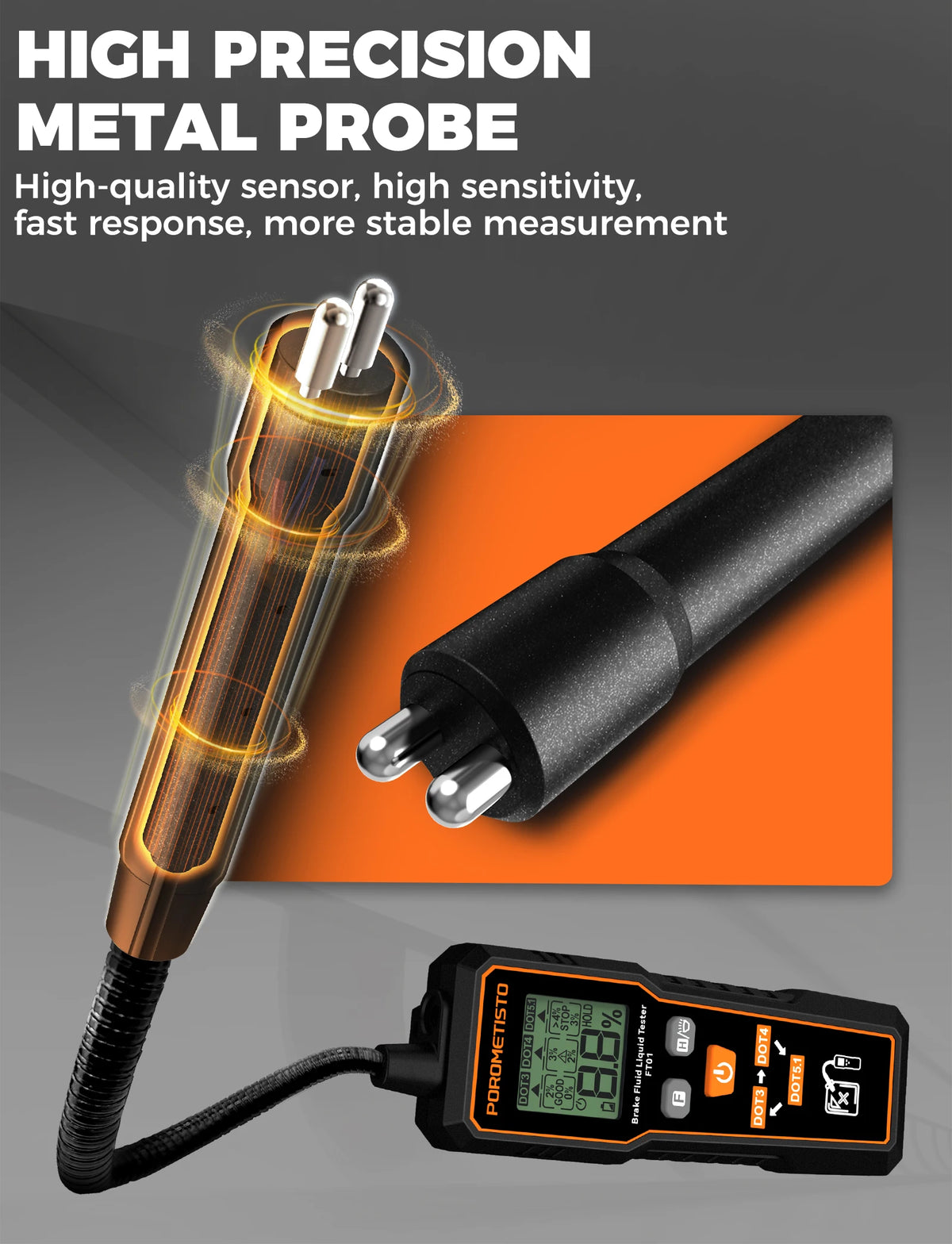 FT01 Liquide de frein automobile, témoin/ Testeur d’huile de frein portatif numérique, testeur de liquide de frein DOT3/DOT4/DOT5.1 avec sonde flexible
