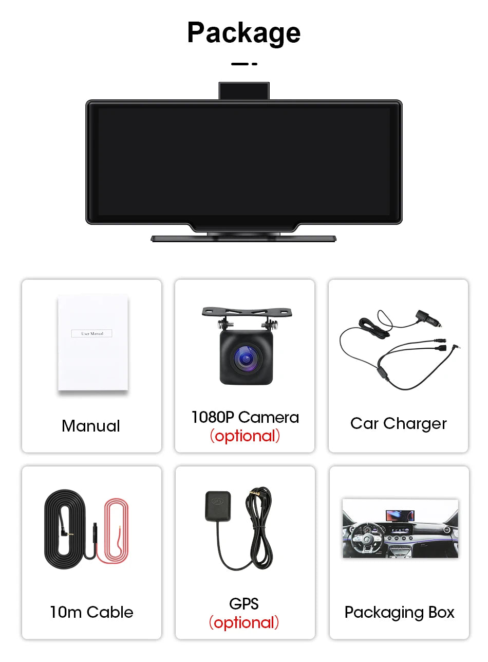 Wireless CarPlay Screen with 4K Dash Cam and GPS