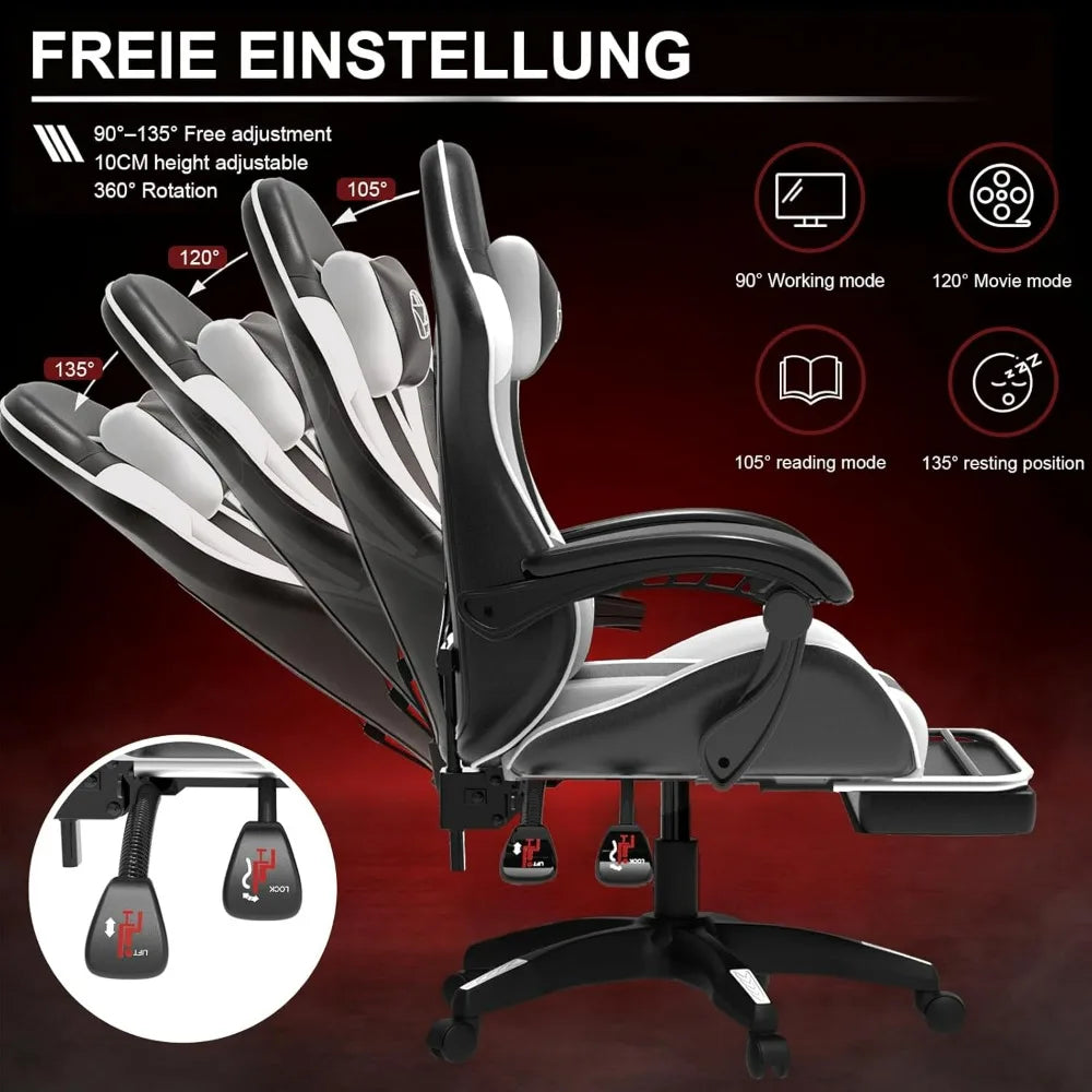Ergonomische gamestoel met voetensteun en verstelbare rugleuning, in hoogte verstelbaar
