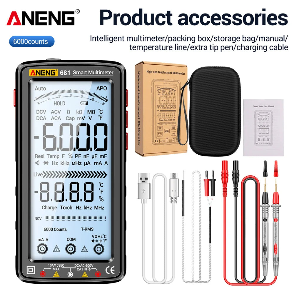 ANENG 681 Rechargable Digital Professional Multimeter Non-contact Voltage Tester AC/DC Voltage Meter LCD Screen Current Tester 