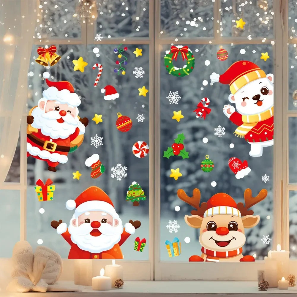 Christmas Window Electrostatic Sticker Cartoon Santa Claus Elk Snowflake Glass Sticker Merry Christmas Decor Happy New Year 2026 