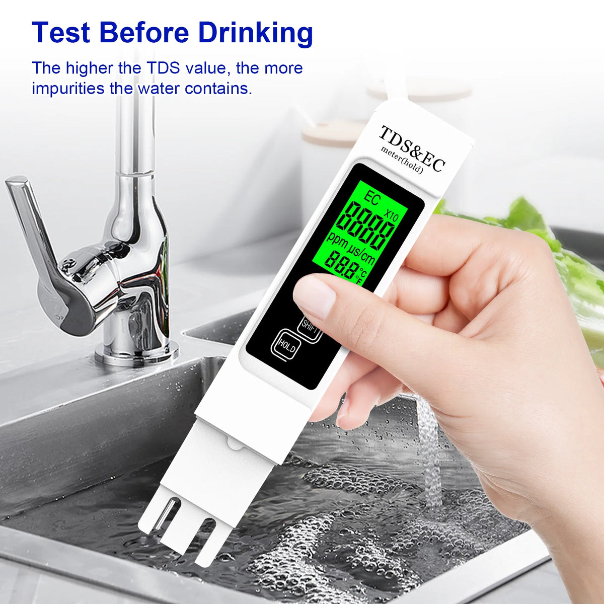Vattentestare, TDS-mätare, EC-mätare och termometer 3 i 1, 0-9999 ppm noggrann för dricksvatten, hydroponik, akvarium