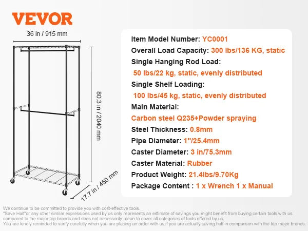 Adjustable Heavy Duty Garment Rack with Wheels & Storage Shelf
