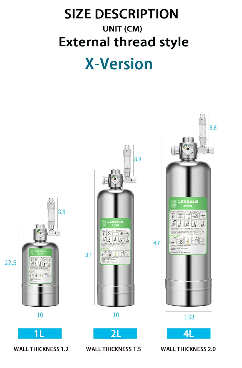 Stainless Steel Aquarium CO₂ Generator Kit — 1 L or 2 L
