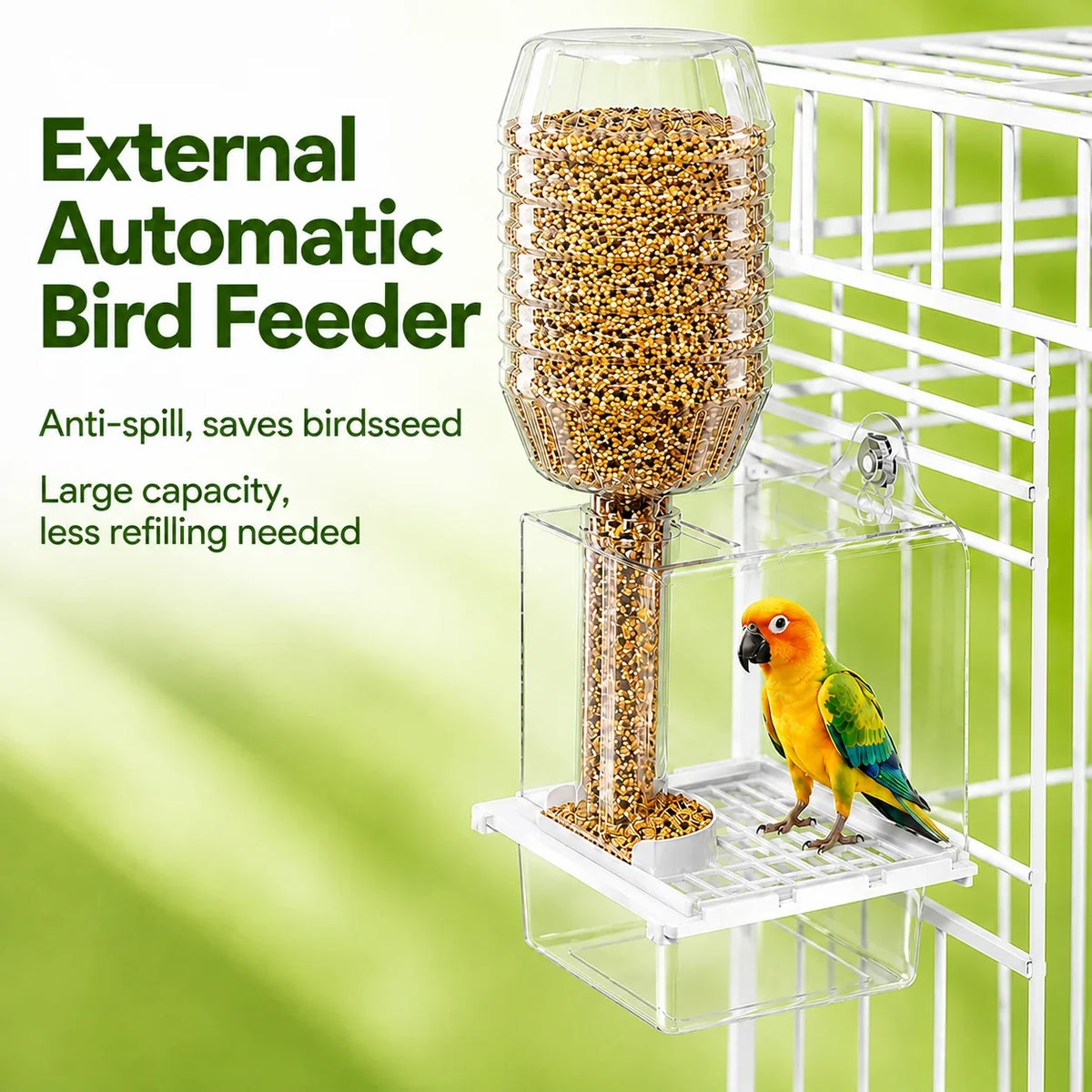 Automatic Bird Feeder for Cage, Large Capacity No-Mess Seed Feeder with Catcher Tray, Anti-Spill Food Dispenser for Small Birds
