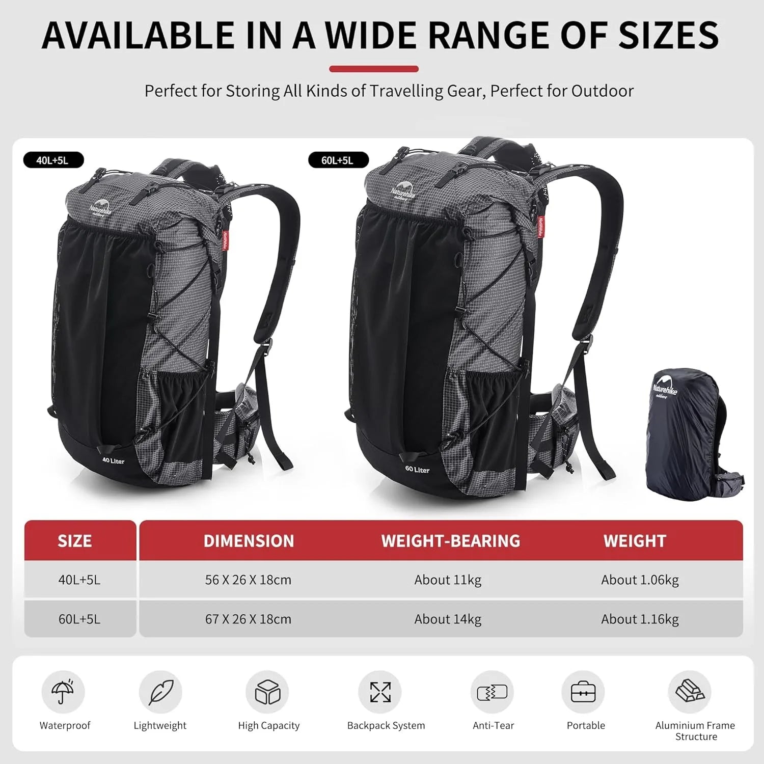 Mochila de Montanha Outdoor 60+5L Impermeável com Capa de Chuva