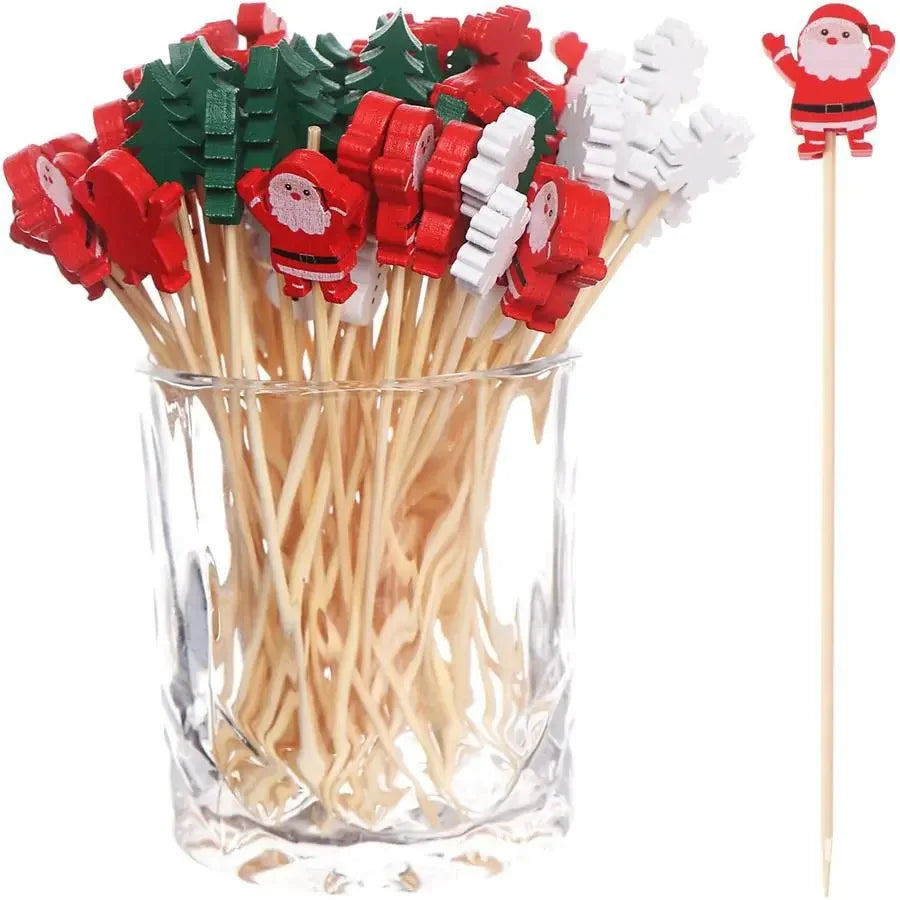 50Pcs/set Christmas Fruit Sticks Disposable Bamboo Sticks Snowflake Christmas Tree Elk Santa Claus Snowman Sticks Xmas Ornaments 