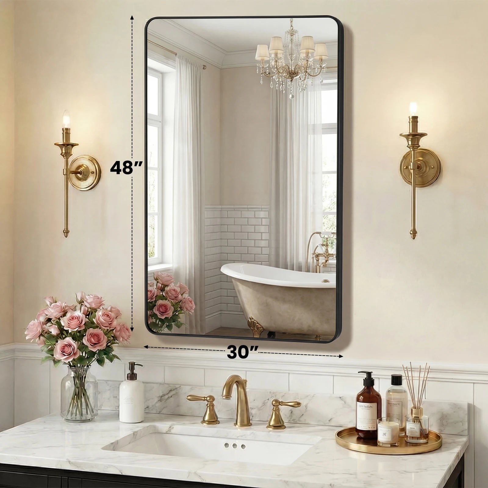 Rounded Rectangle Wall Mirror with Metal Frame, Tempered Glass