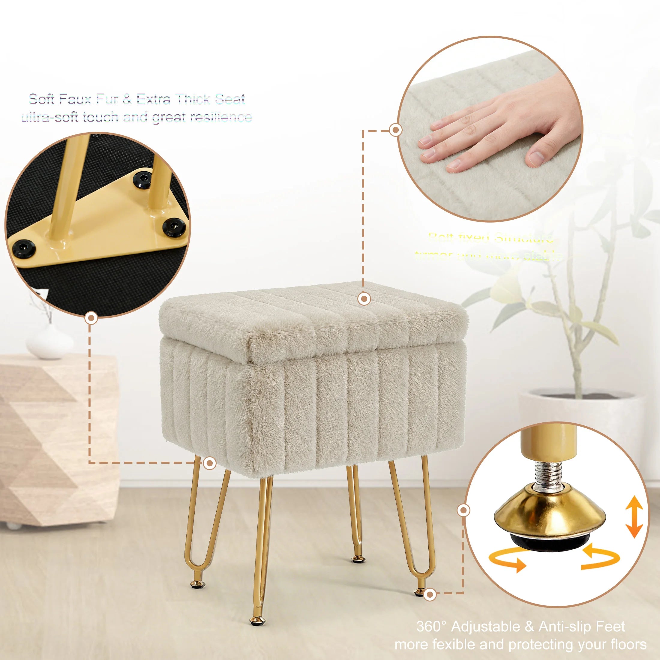 Faux Fur Vanity Stool with Hidden Storage and Metal Legs
