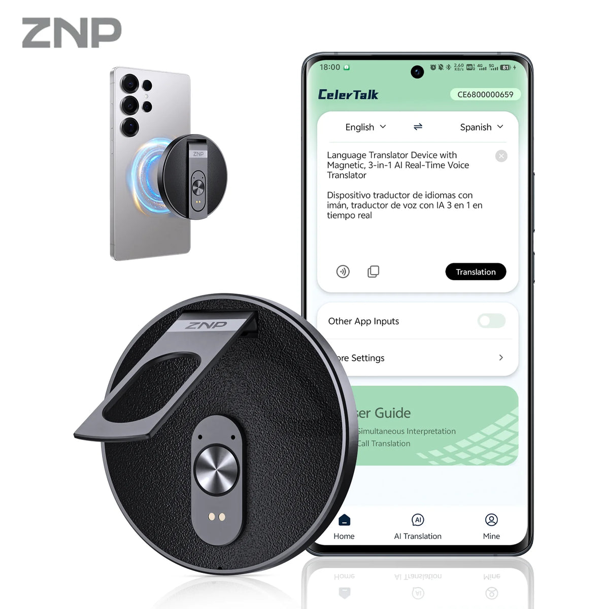 ZNP Ultra-thin AI Voice Translator Instant Professional Portable Wireless Magnetic Foldable Phone Stand 50Hrs Playback ForOffice