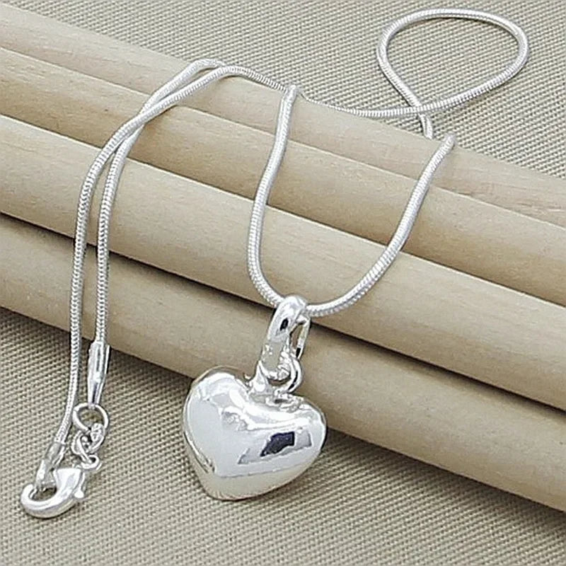 Silver Color Solid Small Heart Pendant Necklace 16-30 Inch Snake Chain For Women Wedding Charm Fashion Jewelry GIFTS 