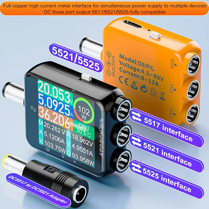 ATORCH D5P Touchscreen-Gleichstromtester DC5.5, DC 4.5-80V 12A, digitaler Voltmeter, Amperemeter, Wattmeter, Batteriekapazitäts- und Leistungsanalysator, Monitor